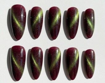 Deep Burgundy Green Cat Eye Press On Nails Velvet Magnetic Illusion Dark Elegant Almond Fake Wedding Nails