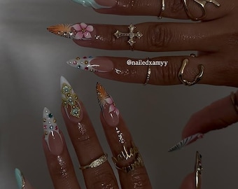 3D Tropical Flower Press On Nails | Long Stiletto, Gold Cross
