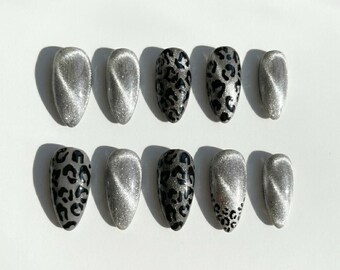 Silver Cat Eye Press On Nails Black Leopard Print Animal Pattern Y2K Almond Fake Nails Custom Wedding Nails