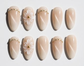 Pearl Nude Press On Nails 3D White Flower Gold Rhinestone Accent Elegant Almond Fake Wedding Nails