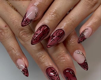 Burgundy Cat Eye Press On Nails | Almond, Floral 3D Silver Accent