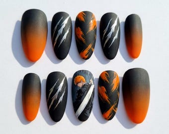 Anime Character Press On Nails: Matte Black Orange Sword Design (Almond)