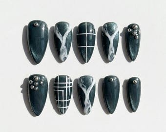 Dark Green Marble Press On Nails Silver Cat Eye Stud Abstract Line Almond Fake Nails Reusable Wedding Nails
