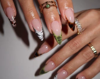Mixed Animal Print Almond Press On Nails | Leopard Zebra Crocodile French Fake Nails