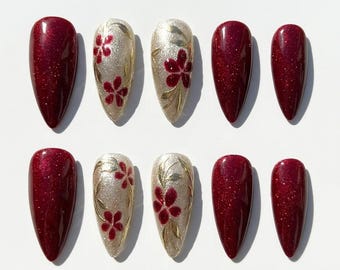Deep Red Glitter Press On Nails Silver Accent Hand Painted Floral Almond Fake Nails Romantic Wedding Nails