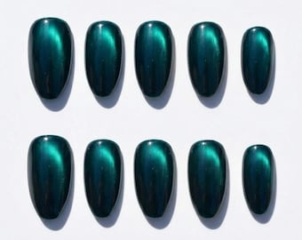 Emerald Green Cat Eye Press On Nails Dark Velvet Magnetic Solid Color Coffin Fake Nails Luxury Wedding Nails