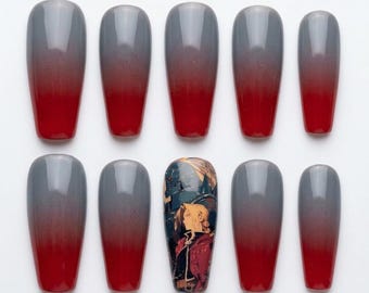 May include: A set of ten press-on nails with a glossy finish, featuring a gradient transition from dark gray at the top to vibrant red at the base. One nail displays a detailed graphic illustration of a blonde character in a red coat.