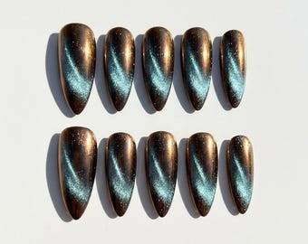 Dark Brown Teal Cat Eye Press On Nails Magnetic Aura Velvet Almond Fake Nails Custom Reusable Wedding Nails
