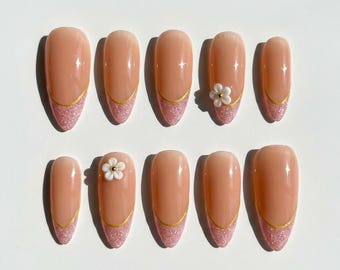 Nude Pink Glitter French Tip Press On Nails 3D White Flower Gold Line Elegant Bridal Custom False Wedding Nails