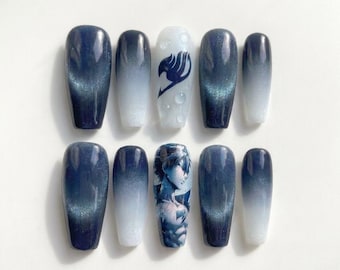 Anime Manga Cat Eye Coffin Press On Nails – Handpainted Water Drop Art