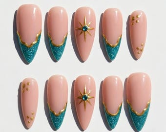 Teal Glitter Abstract French Press On Nails Nude Base Gold Starburst Gem Accent Elegant Custom Wedding Nails