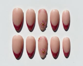 Deep Pink Glitter French Press On Nails Nude Base 3D Floral Accent Elegant Romantic Bridal False Wedding Nails