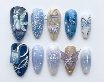 Y2K Aesthetic Blue Press On Nails 3D MP3 Player Fairy Butterfly Custom Fake Nails Futuristic Starry Night Nail Art