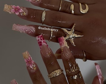 Hibiscus Press On Nails | Long Coffin Pink Floral, Handmade