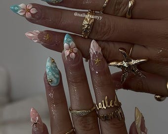 3D Seashell Press On Nails | Mermaidcore Almond Fake Nails