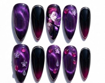 Custom Anime Hisoka Cat Eye Stiletto Press On Nails – Y2K Goth Nail Art