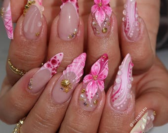 3D Pink Flower Water Drop Stiletto Nails | Mermaid Beach Vacation Press Ons
