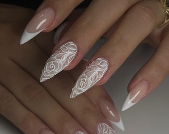 3D White Rose Lace Press On Nails | French Tip Stiletto Bridal Nails