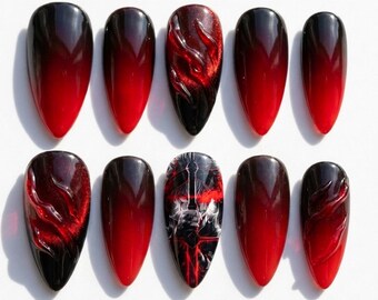 3D Flame Anime Stiletto Press On Nails – Red Black Goth Manga Art