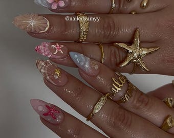 3D Seashell Press On Nails | Mermaidcore Almond Fake Nails