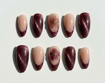 Burgundy Cat Eye Press On Nails Dried Flower Encapsulated Floral Accent Almond Fake Wedding Nails