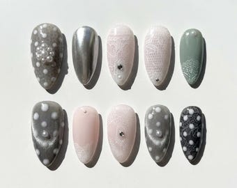 Mixed Pattern Press On Nails White Lace Silver Metallic Grey Polka Dot Rhinestone Bridal Custom Wedding Nails