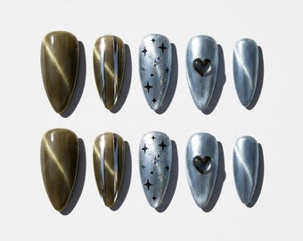 Olive Green Silver Cat Eye Press On Nails 3D Heart Black Star Metallic Line Almond Fake Nails Wedding Nails