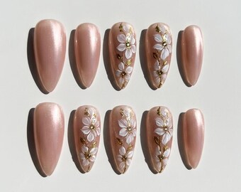 Pearl Nude Press On Nails Hand Painted White Floral Gold Leaf Accent Elegant Almond Fake Wedding Nails
