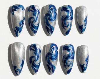 Silver Blue Swirl Press On Nails Glitter Sparkle Abstract Marble Ocean Wave Almond Fake Nails Wedding Nails