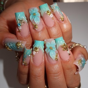 Türkis Mermaid Kern drücken auf die Nägel | 3D Muschel Seestern Ocean Fake Nägel