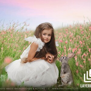 Spring Pink Bunny- Layered PSD Pink Flowers Easter Rabbit Digital Photography Background