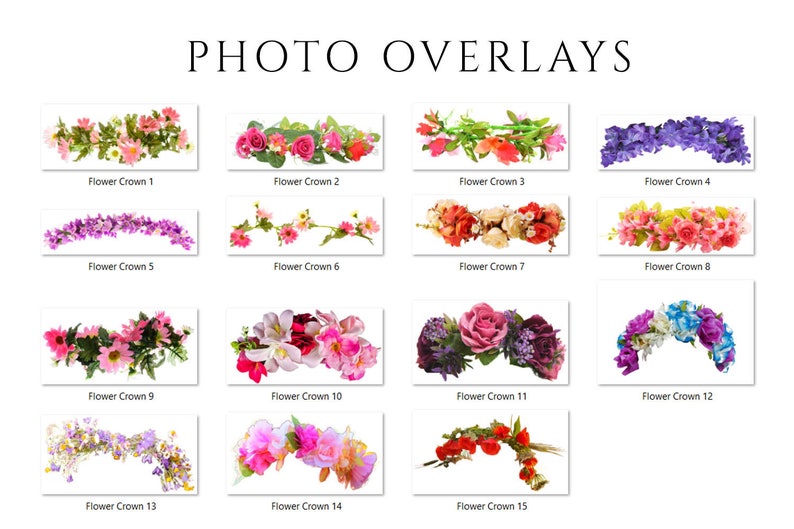 May include: A collection of 15 different flower crowns, each with a unique arrangement of flowers. The crowns are made of various types of flowers, including roses, daisies, and lilies. The crowns are all in different colors, including pink, purple, white, and yellow.