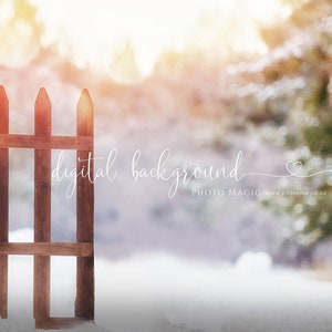 Seasons Greetings Digital Photography Background- Snowy Fence Christmas Card Backdrop Fine Art Photography