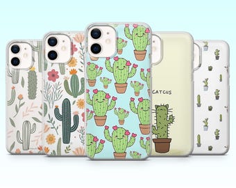 May include: A collection of five phone cases with various cactus-themed designs. The cases feature patterns of cacti, flowers, and the word "CATCUS". The color palette includes green, pink, and white on a light blue and cream background.