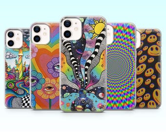 Coque Trippy psychédélique hippie pour iPhone 17Pro, 16, 15, 14, 13, 12, Samsung S25, S24, S23Fe, S22, A16, A26, A56, Pixel 10, 9Pro