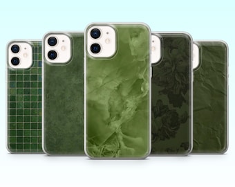 May include: Five green phone cases with various designs. The cases feature a mosaic tile pattern, a textured leather effect, a marble design, a floral print, and a crumpled paper texture. Each case has a clear border and a camera cutout.