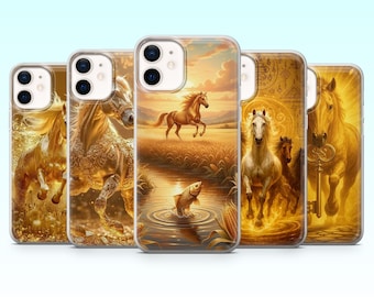 Funda de teléfono con diseño de caballo dorado para iPhone 17Pro, 16, 15, 14, 13, 12, Samsung S25, S24, S23Fe, S22, A16, A26, A56, Pixel 10, 9Pro