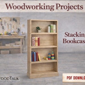 May include: A light-colored wooden bookcase with four shelves, holding books and a small plant. The text "Woodworking Projects" and "Stacking Bookcases" are displayed above the bookcase. A PDF download icon is in the bottom right corner.