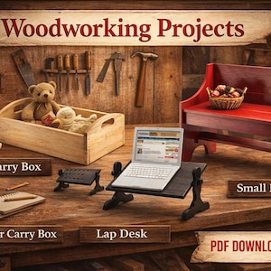 May include: A rustic scene featuring woodworking projects. A red bench, a wooden carry box with toys, and a laptop on a lap desk are displayed. The image includes the text "Woodworking Projects", "Shaker Carry Box", "Lap Desk", and "Small Bench".