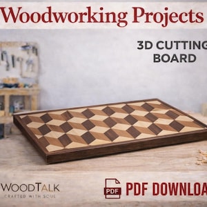 Projeto de tábua de corte 3D com fibra de topo | Modelo para marcenaria | Design geométrico em cubo | Projeto de madeira faça você mesmo em PDF | Plano para tábua de corte artesanal