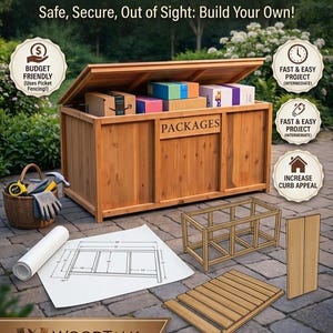 May include: A DIY cedar package delivery drop box with the lid open, revealing packages inside. The box is made of wood and has the word "PACKAGES" on the front. The image also shows a blueprint, tools, and the text "DIY Cedar Package Delivery Drop Box".