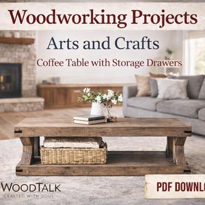 May include: A rustic wooden coffee table with storage drawers, part of a woodworking project. The table is rectangular, with a lower shelf holding a woven basket. The image includes text that reads "Woodworking Projects" and "Arts and Crafts."