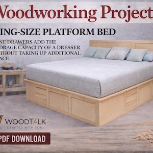 Planos para construir una cama king size con almacenamiento, cama plataforma con 9 cajones, estructura de cama de madera moderna, proyecto de carpintería sencillo, descarga digital.