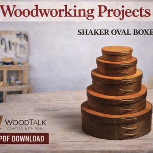 May include: A stack of five wooden Shaker oval boxes in varying sizes, displayed on a wooden surface. The boxes are a warm brown color with a natural wood grain. The image includes the text "Woodworking Projects" and "Shaker Oval Boxes".
