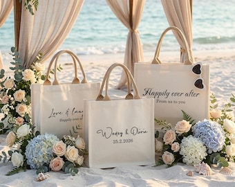 Bolsa de lona personalizada con texto minimalista en negro para damas de honor o como recuerdo de boda resistente.