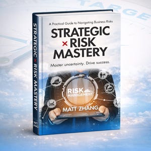 May include: A hardcover book titled "Strategic x Risk Mastery" with the subtitle "A Practical Guide to Navigating Business Risks." The cover features a person holding a tablet, with the words "Risk Management" in a circular design.