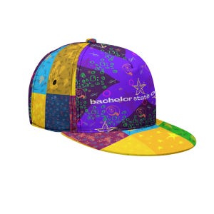 May include: A five-panel baseball cap featuring a vibrant, multi-colored patchwork design with various patterns including stars, swirls, and bubbles. The front panel displays the white text bachelor state of in a clean, sans-serif font.