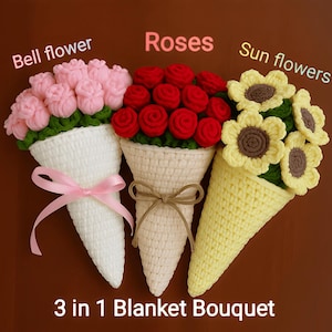 Mönster för virkad filtbukett 3 i 1, filt med blombukett i PDF-format, rosor, solrosor, klockblommor, virkpaket