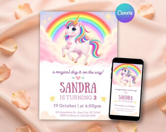 Unicorn Birthday Invitation, Pastel Rainbow Party Magical Invite, Download Whimsical Fairytale Unicorn Canva Template