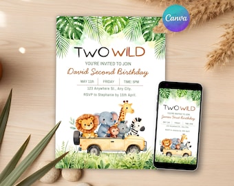 Safari Jungle Birthday Invitation Two Wild Birthday Watercolor Animals Wildlife Theme Design